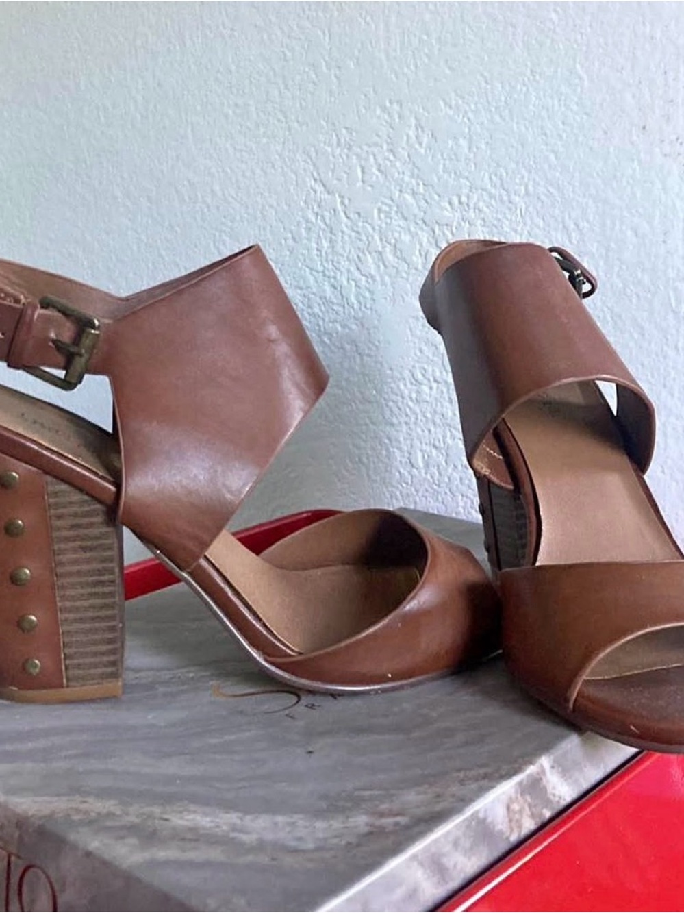 Indigo Women's Brown Block Heel Sandals - Classic Open Toe Ankle Strap
